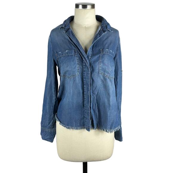 CLOTH & STONE Roll Tab Frayed Chambray Button Down Blouse Top Women's Small - Picture 1 of 7
